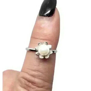 Vintage Antique Genuine Real Pearl Ring Sterling Silver Daisy Flower Adjustable